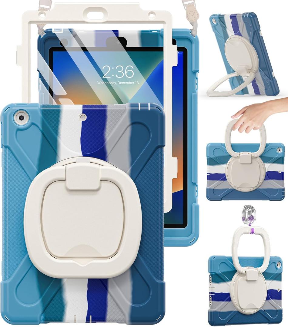 BRAECN for iPad 9th 8th 7th Generation 10.2 Inch Case,Heavy Duty Silicone Case w/Carrying Strap/Pencil Holder/Screen Protector/Folding Handle Grip/Kickstand for iPad 9/8/7 Generation, Colorful Blue