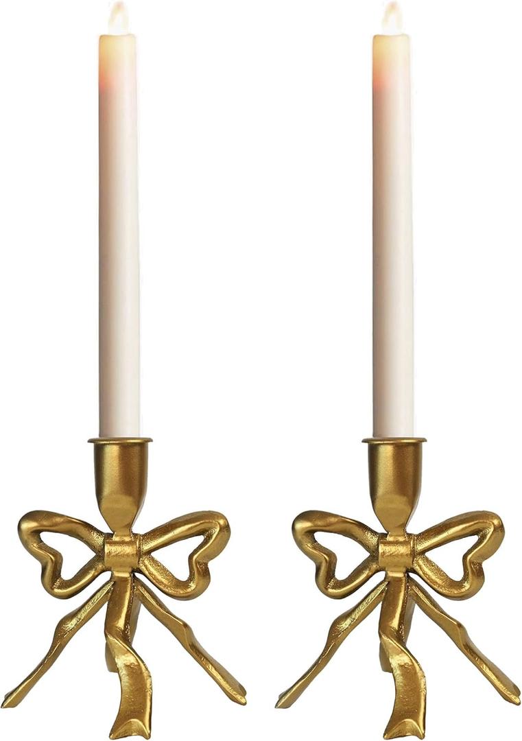 Gold Bow Taper Candle Holder Modern Candlestick Holders Metal Candle Holders Set of 2 Table Mantel Decorative Candle Sticks for Wedding, Dinning, Party, Home Decor, 