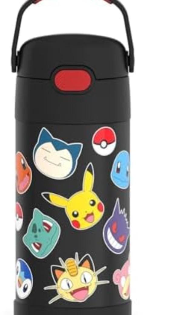 THERMOS FUNTAINER 12 Ounce Stainless Steel Vacuum Insulated Kids Straw Bottle, Pokemon & FUNtainer 12 Ounce Insulated Kids Water Bottle Replacement Straws