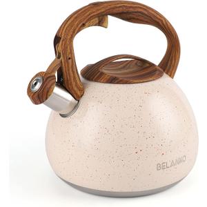 BELANKO 2.7 Quart Tea Kettle for Stovetops - Food Grade Stainless Steel Teapot with Loud Whistle, Cool-Touch Wood Pattern Handle, Rust-Resistant Whistling Kettle - Starry Cream