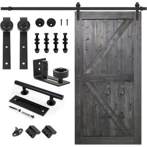 S&Z TOPHAND 42 in x 84 in Deep Gray British Brace Knotty Barn Door with 8FT Sliding Door Hardware Kit/Double -Sided Door Handle/Double Surfaces/Simple Assembly is Required