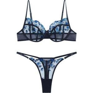 VORIXIA Lingerie Sexy Bra and Panty Set for Women See Through Sheer Underwear Cute Exotic Foral Embroidery Babydoll Suit (Small, Blackblue)