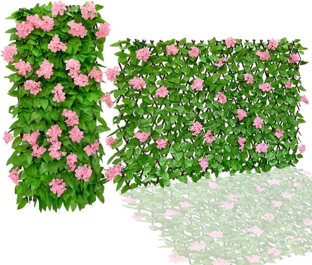 86 York Expandable Fence Privacy Screen Faux Ivy Decorative for Outdoor Garden Wall Patio Balcony, Artificial Hedge Lattice Fencing(Single Sided Leaves) (1, Hydrangea-Pink)