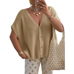 Saodimallsu Women's Fall Oversized Cardigans Batwing Short Sleeve Lightweight Button V Neck Casual Knit Sweater Tops (X-Large, Dark Khaki)