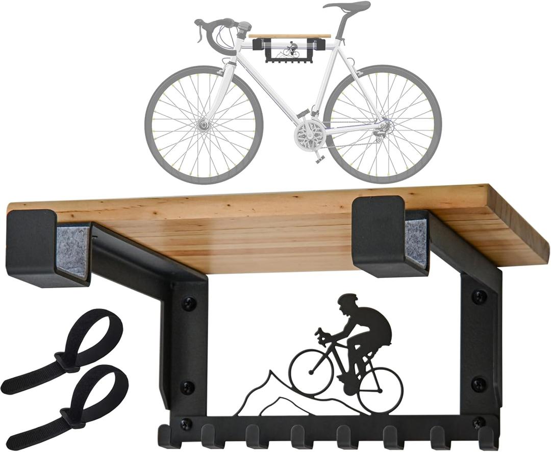 Bike Rack Wall Mount with Shelf and 8 Hooks Offer Horizontal Indoor Bike Storage for Sheds Garages. Wooden Bike Rack Bracket for Road, Mountain, Travel Bicycles, Maximizing Space