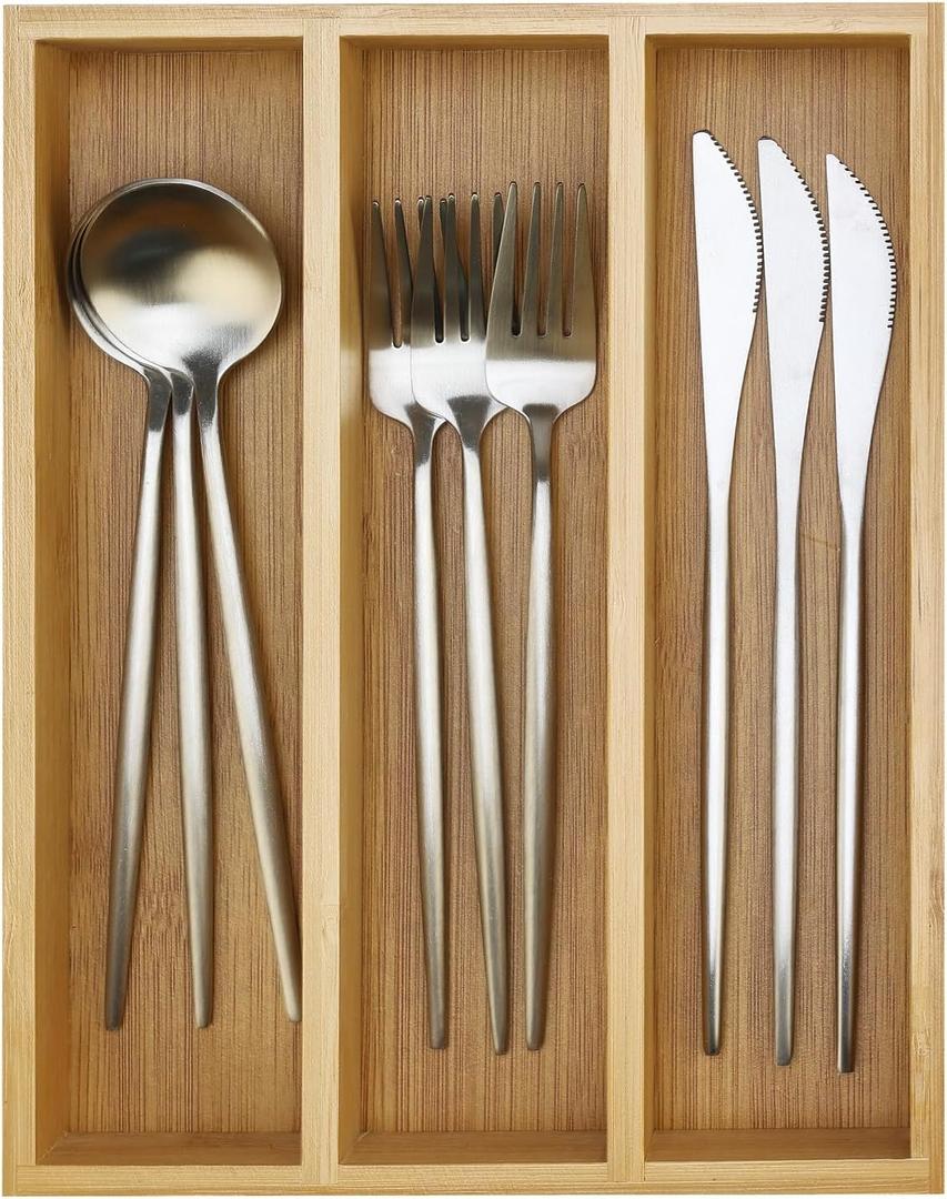 Small Silverware Drawer Organizer Kitchen Utensils Trays For Drawer Bamboo Cutlery Tray Skinny Flatware Organizer Narrow Spoon Fork Cutlery Holder Drawer Flatware Trays Slim Silverware Organizers (10" x 7.8", Natural)