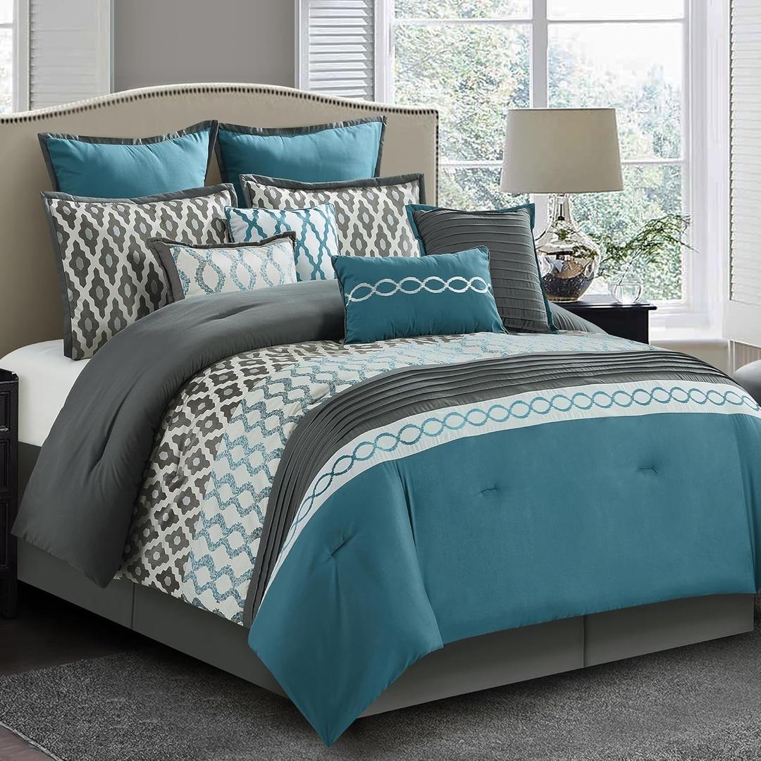 Queen Comforter Set, Blue, 10 Piece Bed in a Bag for All Seasons, Luxury Extreme Comfort Bedding Sets with Bedskirt, Pillow Shams, Euro Shams and Decor Pillows