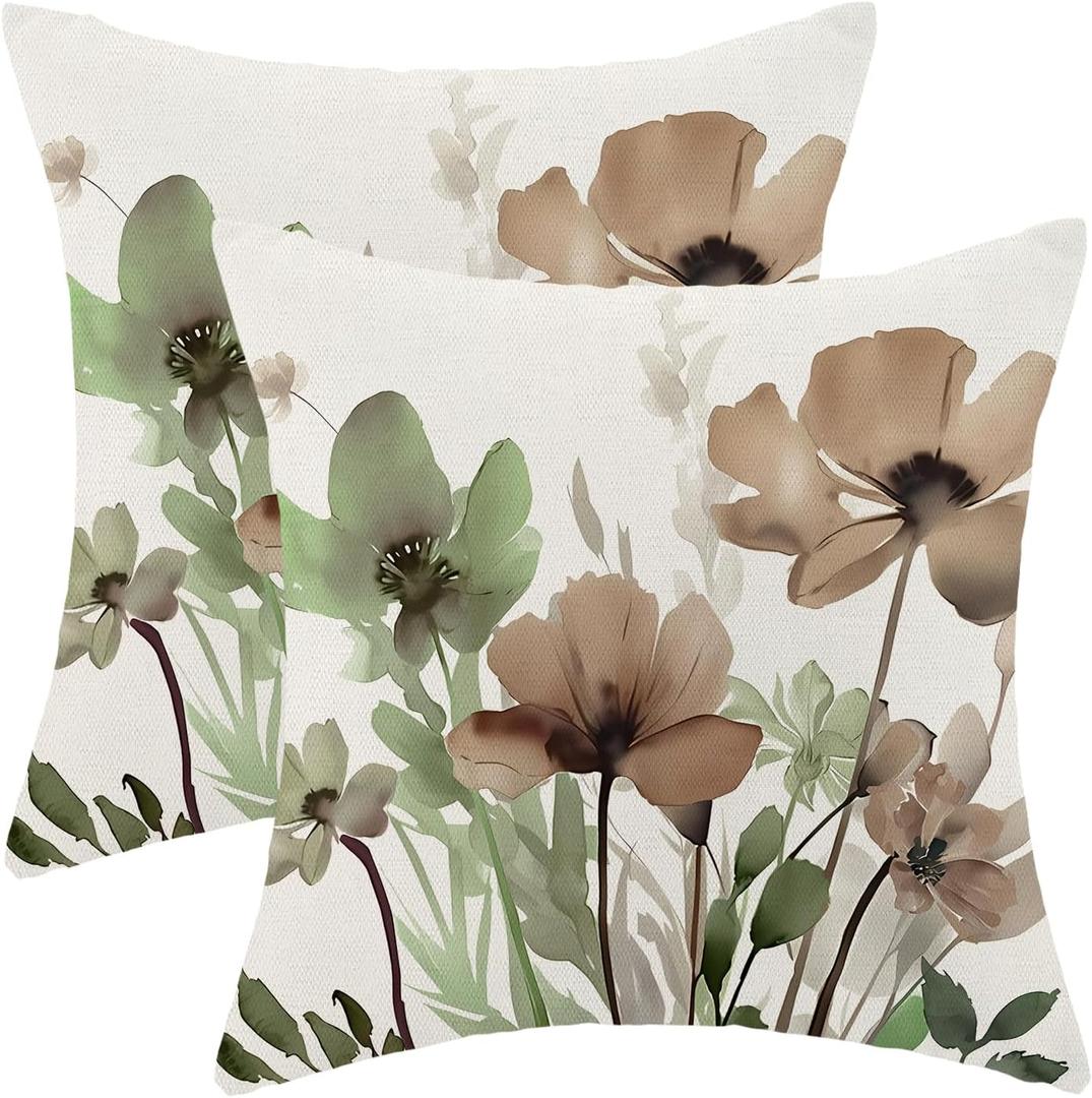 Floral Pillow Covers 18x18 Set of 2, Brown Green Chinoiserie Flower Leaves Outdoor Throw Pillows Spring Summer Farmhouse Cushion Case Decorations for Home Couch