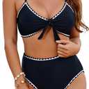 Blooming Jelly Womens High Waisted Bikini Set Tie Knot High Rise Two Piece Swimsuits Bathing Suits (Large, Black B9)