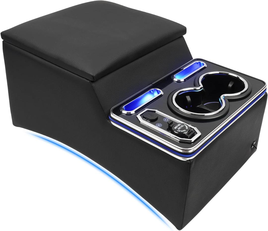 Center Console Armrest Organizer with Upgraded 7-Color Mood Lighting Center Console for Truck & Minivan & Car & SUV Cab Front Seat Bench Seat Storage Box (Update)