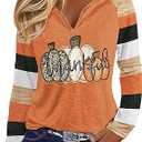 Fall Pumpkin T Shirts for Women Thanksgiving Halloween Pumpkin Graphic Tees Spriped Splicing Long Sleeve Shirt Tops, Size XXL
