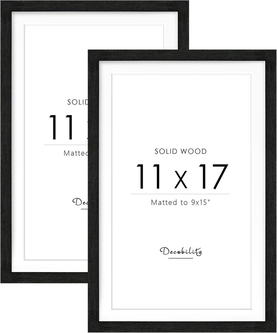 11x17 Solid Wood Poster Frame Set of 2, Natural Wood Picture Frame with White Paper Mat, Display 9x15 Picture with Mat or 11x17 without Mat, Wall Mounting Display, Black