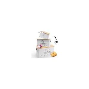 Dekosilave Kitchen Vegetable Storage Set of 3, Metal Onion Garlic Potato Storage Set, Kitchen Canisters Vegetable Keeper Containers with Aerating Holes and Wooden Lid (White)