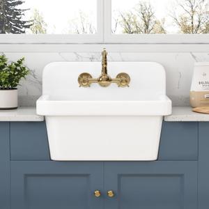 White Utility Sink 21 Inch, Wall Mount Farmhouse Sink, Deep Bowl High Back Laundry Sink with Accessories, Fireclay Porcelain Floating Slop Tub for Laundry Room, Kitchen, Garage, Bathroom, 21x16x18 inches