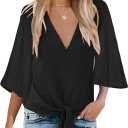 Bluetime Womens Tie Front Tops 3/4 Bell Sleeve V Neck Cute Summer Tops Shirts Casual Chiffon Blouses (Black, XL)