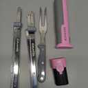 8V Cordless Electric Knife Set, Rechargeable Electric Carving Knife with Reciprocating Stainless Steel Blades for Meat & Bread, Fork Included, Equipped with interchangeable 2000mAh Large Capacity Battery, Ergonomic Handle and Safety Lock for Turkey, Meat, Poultry, Bread, Cheese ( Pink & Grey )