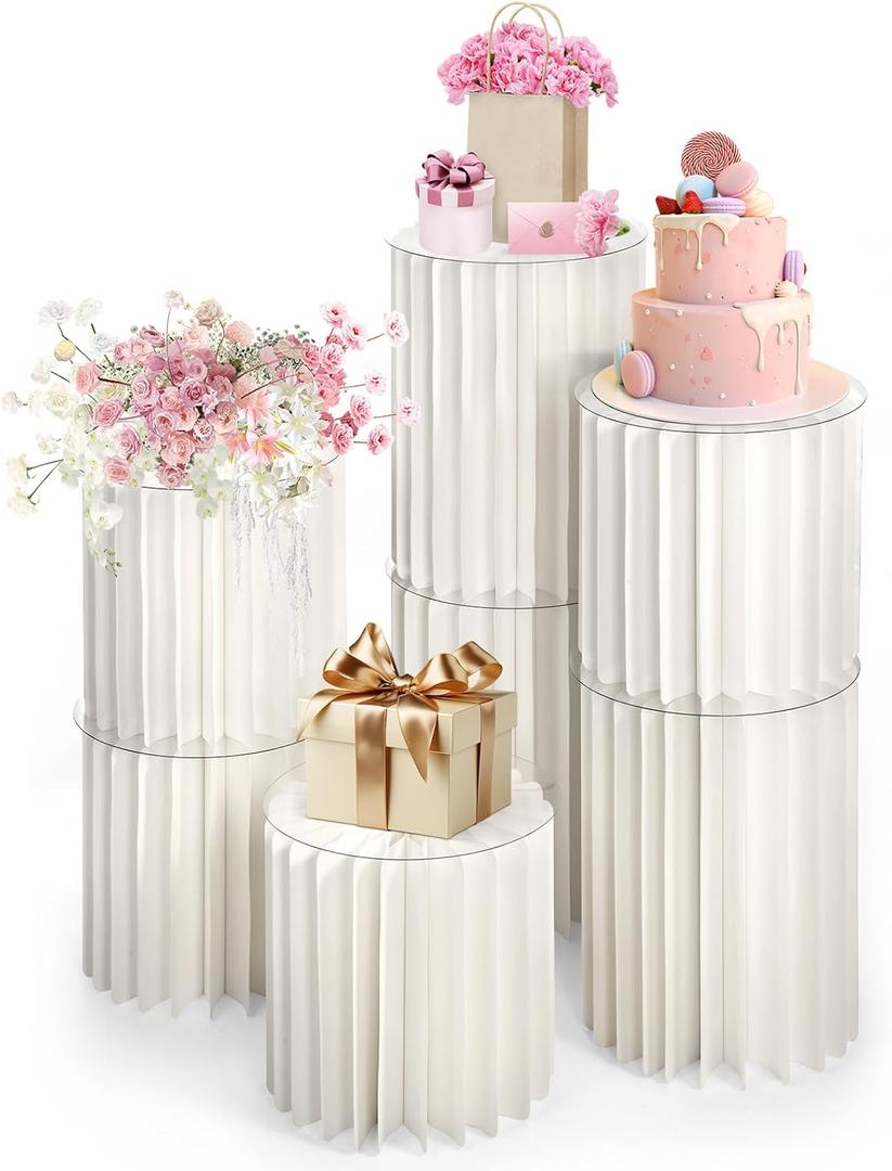 Dyna-Living Cylinder Stands for Party 7PCS Foldable Cylinder Pedestal Stands Display for Wedding, Cake Pedestal Stand with Acrylic Plate, Round White Cylinder Column Table Roman Pillar for Wedding