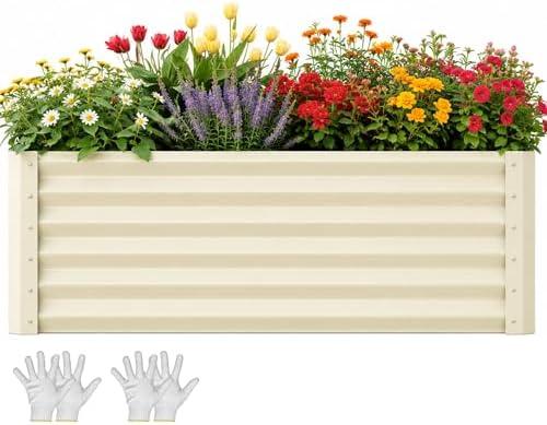 YITAHOME 6x3x3ft Galvanized Raised Garden Bed, Metal Planter Box with Safety Rubber, Gloves, Outdoor Flower Bed for Planting Plants Vegetables, Cream Yellow