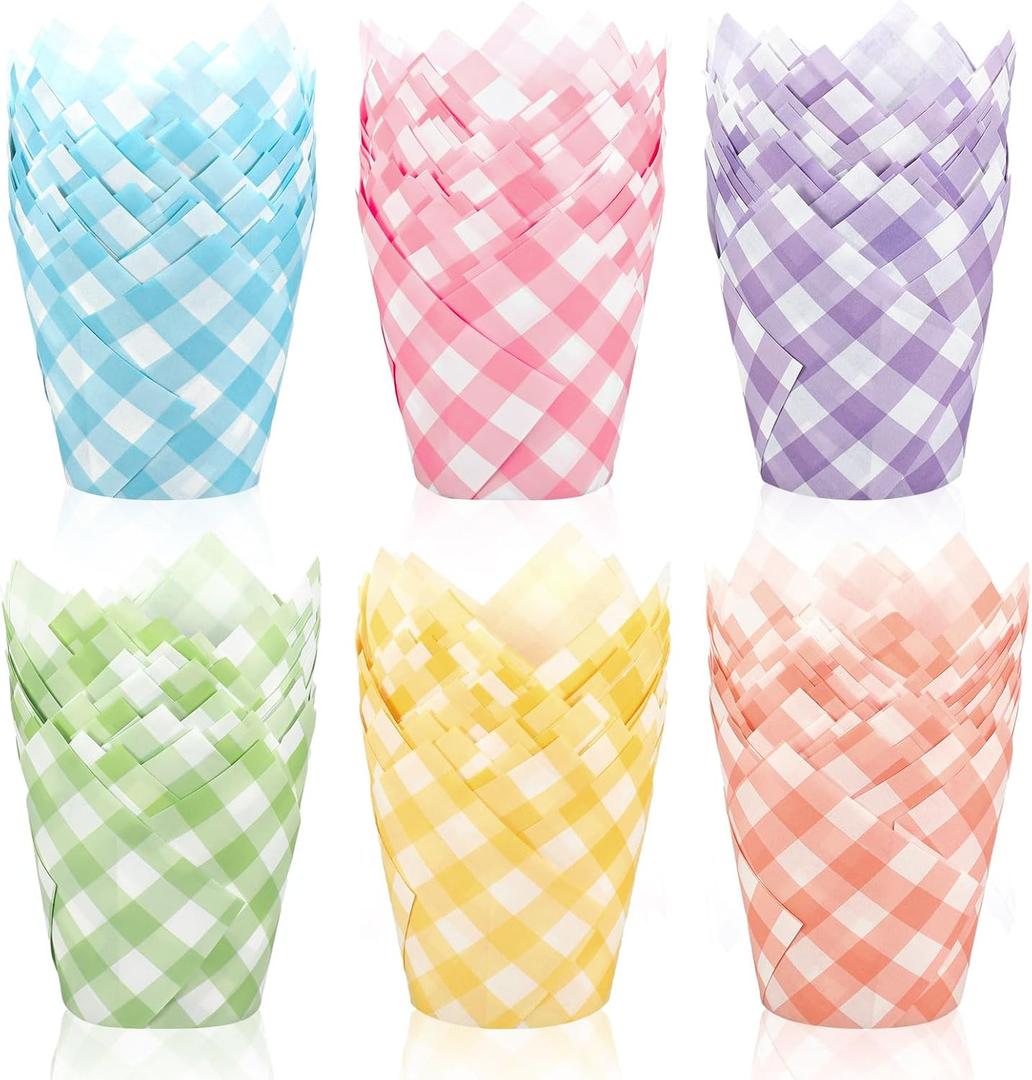 Whaline 180Pcs Pastel Plaid Tulip Cupcake Liners Muffin Baking Cups Colorful Checkered Cupcake Wrappers for Spring Easter Baby Shower Birthday Party Supplies Table Decor