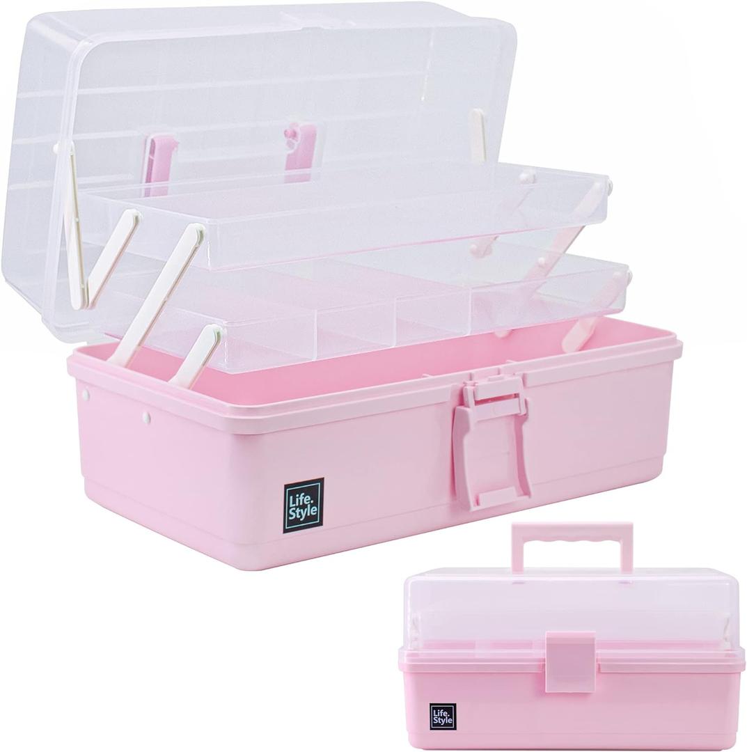 Creahaus 13 inch Art Craft Organizer Storage Box with 3 Layer, Multipurpose Plastic Tool Box with Handle for Sewing, Art Supply, Medicine, Nail, Hair Accessories (Pink)