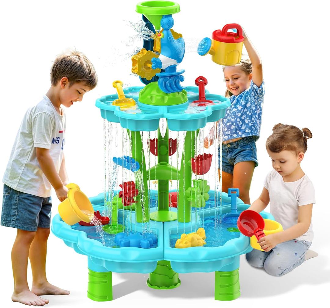 Kids Flower Water Sand Table for Toddlers - 2-Tier Outdoor Water Sand Play Table Toys for Boys Girls, Summer Splash Activity Sensory Table Party Birthday Gift for Kids 3-5 6-12 (Green)