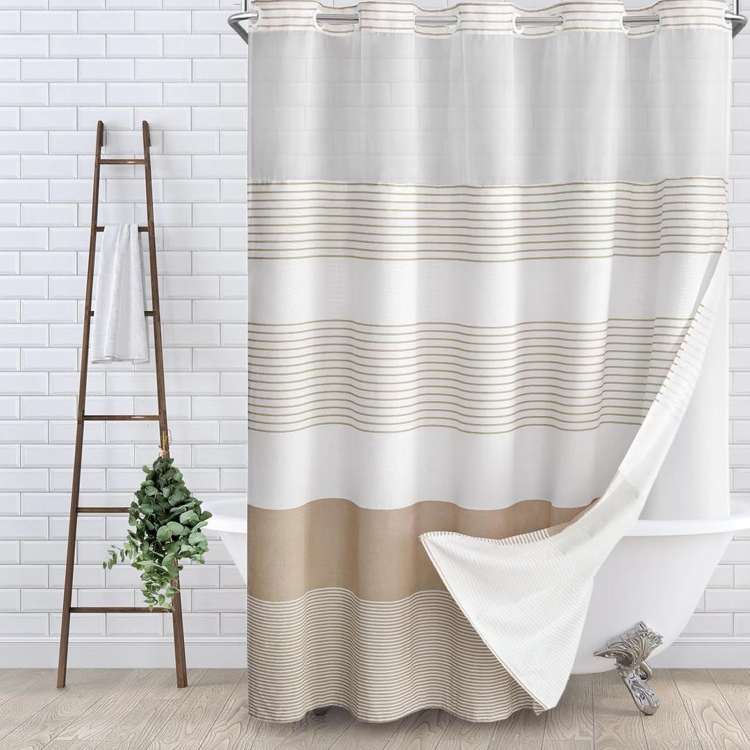 No Hook Shower Curtain and Liner Set,Beige Boho Striped Shower Curtain for Bathroom Cotton 75" L x 60" W