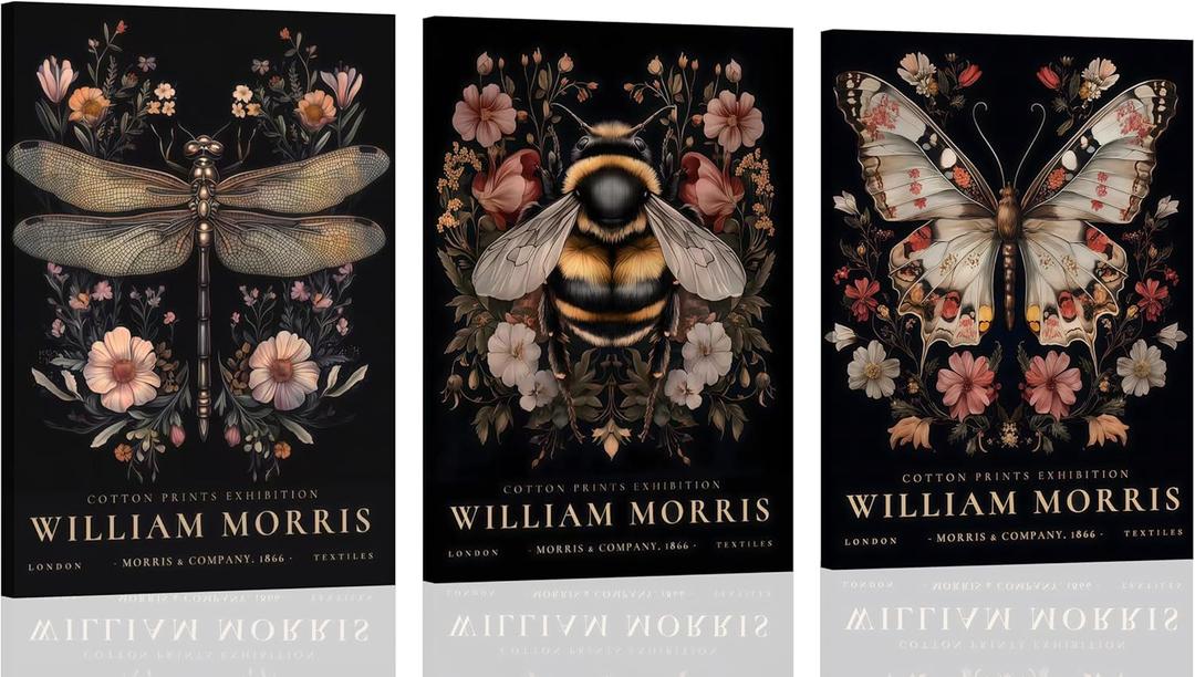 3pcs framed William Morris Wall Art Retro Insect Canvas Pictures Bee Butterfly Dragonfly Posters Prints, Botanical Nature Flower Wall Decor Paintings for Living Room Bedroom Bathroom (12x16, Black)