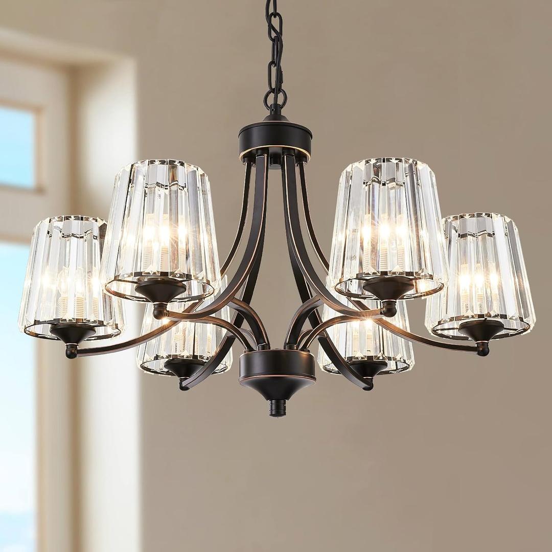 Chandeliers 6-Light Modern Pendant Ceiling Light Flush Mount Farmhouse Hanging Lamps with Crystal Shades Oil Rubbed Bronze for Foyer Bedroom Dining Living Room Hallway Kitchen Indoor