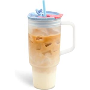40oz Frosted Plastic Tumbler with Handle and Straw Lid, Reusable Large Iced Coffee Cup Travel Mug for Cold Drinks, Clear Acrylic Tumbler Cup for Smoothies, Tea, Juice, Office & Outdoor Use - Blue