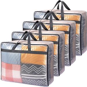 Fixwal 4 Pack 75L Extra Large XL Clear Storage Bags With Zipper for Blankets, Quilts, Clothes, Comforter, Bedding and Pillows (Grey)
