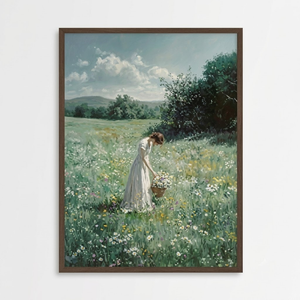 Framed Canvas Wall Art of Girl Picking Flowers in Meadow – Cottagecore Vintage-Style Landscape with Oil Painting Texture – Rustic Farmhouse Décor for Living Room or Bedroom – 24x32 inch