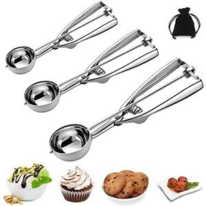 Ice Cream Scoop, 3Pcs Cookie Scoop Set, Stainless Steel Cookie Scoops for Baking Set of 3, Cookie Scooper for Baking, Ice Cream Scooper with Trigger Release, Cookie Dough Scoop