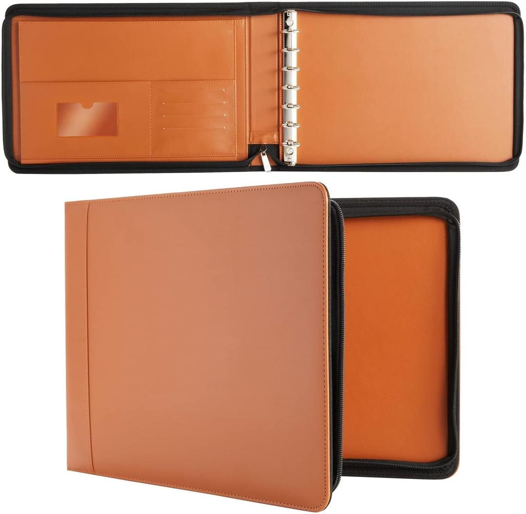 7-Ring Business Check Binder with Zipper for Checkbooks Organization, Brown Zippered Portfolio Organizer, Professional PU Leather Folder Holder for Documents, Cards (15 x 11 x 0.01 inches)