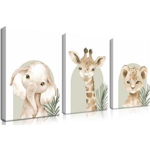 Nursery Wall Decor Set of 3, Cute Animal Lion Elephant Baby Pictures Poster Prints, Giraffe Jungle Canvas Wall Art Woodland Nursery Decor for Boys Girls Room Decoration 16x24 inch Framed (24L" x 16W", Wild Animal Portrait)