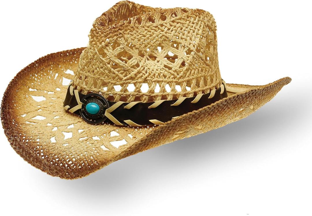 YOUBADU Western Straw Cowboy and Cowgirl Hats with Decorative Bands - Unisex Wide Brim Raffia Style Sun Hat