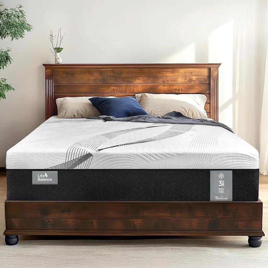 Life Balance Queen Size Mattress, Hybrid Mattress in a Box 12 Inch, Cooling Mattress with Lyocell Cover, Bamboo Charcoal Memory Foam Mattress, 3-Zone Pocket Springs, Fiberglass Free, Made in USA