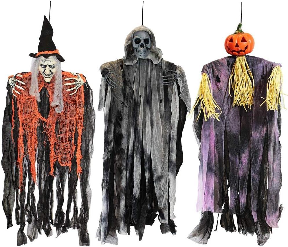 JOYIN 3 Pack 35 Hanging Ghosts Witch Pumpkin Decor Hanging Halloween Decorations Outdoor Halloween Decor, Scary Flying Witch Grim Reapers Haunted House Front Porch Decor Yard Garden Lawn Party