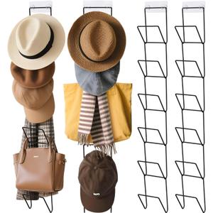 12 Pack Hat Organizer with 2 Hooks, Wig Holder for Multiple Wigs, Cowboy Hat Rack for Wall, Door, Closet (Black)