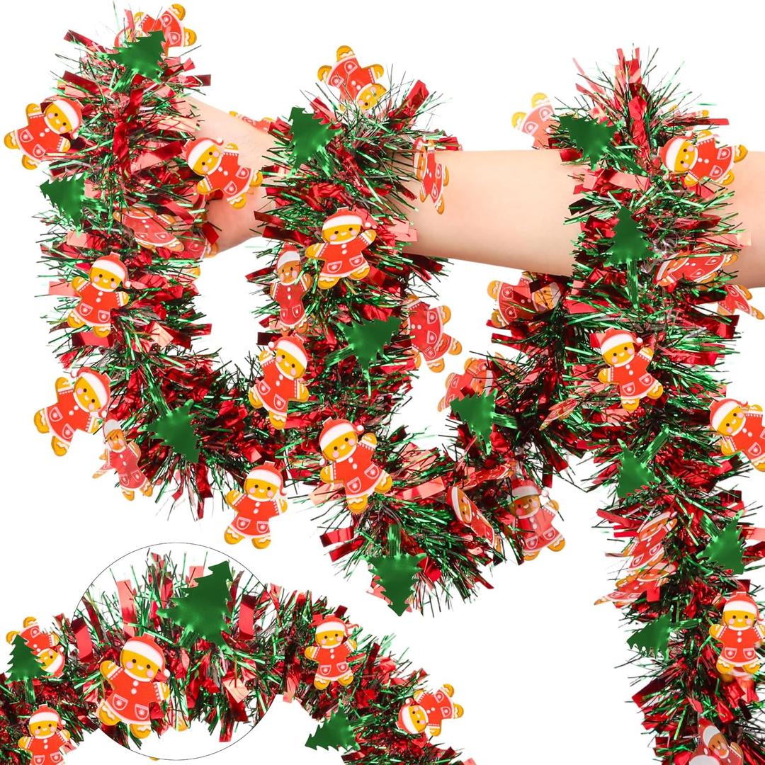 50FT Red Green Christmas Tinsel Garland with Tree Gingerbread Man Ornaments Metallic Xmas Garland for Christmas Tree Decorations Holiday Decor for Mantel Staircase Indoor Outdoor Home Office Party