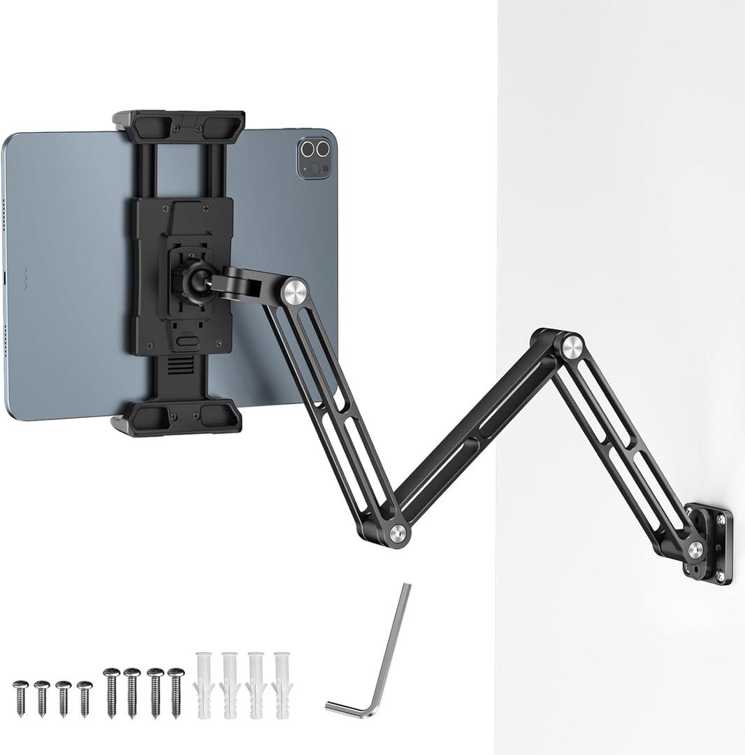 OHLPRO Aluminum Tablet Wall Mount Holder - 360 Adjustable & Extendable 3-Stage Arm for 5-13" iPad Pro/Air/Mini, Galaxy Tab | Heavy Duty Metal iPad Mount for Wall, Kitchen, Office (Clip Version)