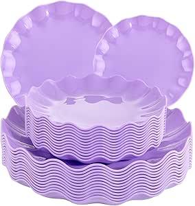 LIYH 24pcs Purple Plastic Plates Reusable, Unbreakable Dinner Plates, Scalloped Plate, Microwave & Dishwasher Safe Unbreakable Party Plate for Birthday Party (12Guests)