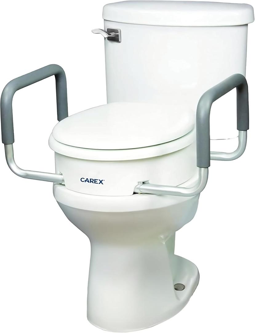 Compass Raised Toilet Seat with Arms, Round Toilets, 3.5 Inch High, Elevated Toilet Riser with Removable Padded Handles, Easy On and Off, Support 250 lbs, White