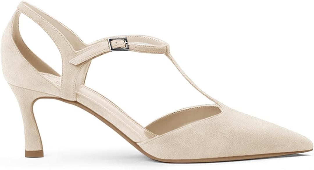 Coutgo Womens Low Kitten Heels T Strap Closed Pointed Toe Ankle Buckle Pumps Wedding Party Dress Shoes (9.5, Nude)