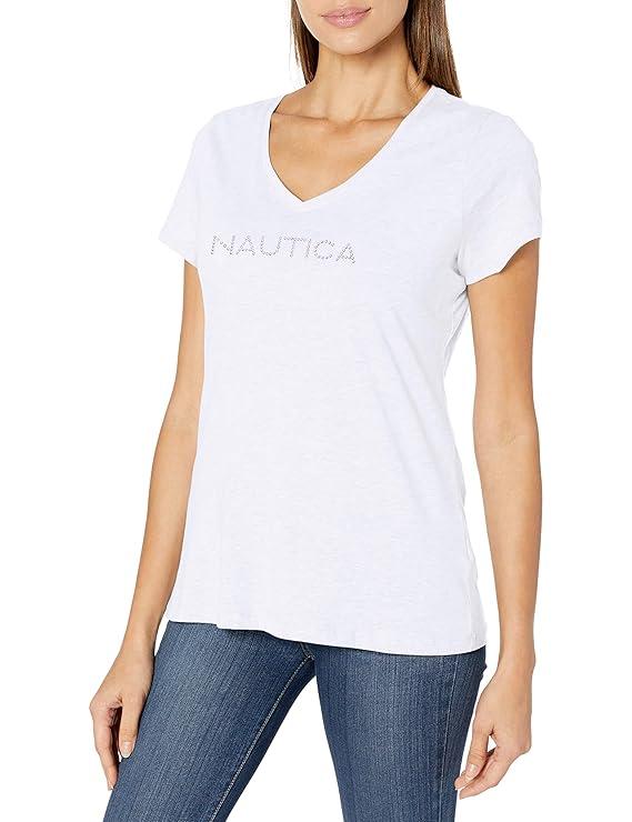 Nautica Women's Easy Comfort V-Neck Striped Supersoft Stretch Cotton T-Shirt Shirt, Lavendula, Large White