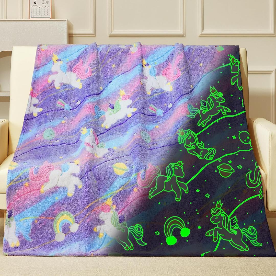 Unicorn Glow in The Dark Blanket,Unicorns Gifts Toys for Girls, Birthday Gifts for Kids Age 3-14 Year Old Teen Child Toddler Luminous Throw Blanket for Daughter 50"×60"