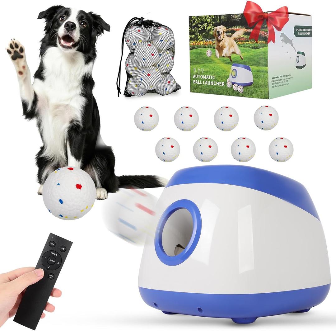 Ball Launcher for Dogs: 3 Adjustable Distance 40-80FT,with 8 2.5" ETPU Balls,Remote Control Interactive Dog Toy,Automatic Ball Throwing Machine for Medium/Large Dogs (Sky Blue)