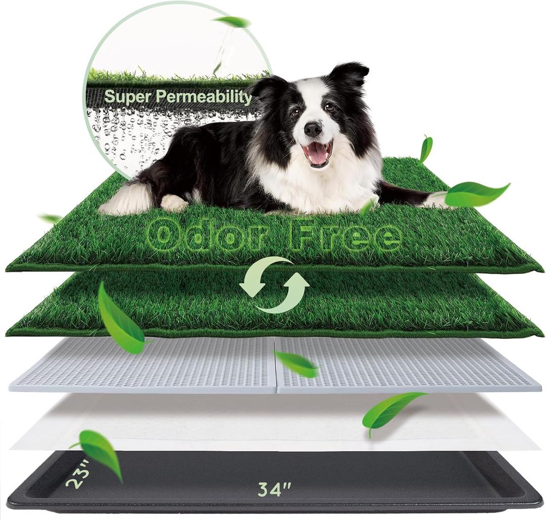 HQ4US 4LEGS Dog Grass Pad with Tray Large 3423, Dog Litter Box with Odor Free Artificial Grass Pee Pads for Dogs Potty Tray with Hemmed Edge, Realistic for Indoor Balcony