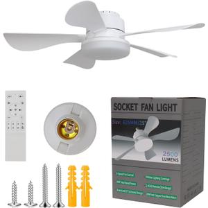 25" Socket Fan Light with RemoteE26/E27-66W 3 Colors 3000-6500K Socket Breeze Ceiling Fan,6 Speed Wind Light Bulb Fan for Bedroom, Living Room, Kitchen, Garage(White)