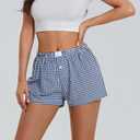 Women's Y2K Lounge Shorts Cute Soft Elastic Low Waist Plaid Print Button Front Pajama Bottoms Boxer Shorts Sleepwear (Blue, S)