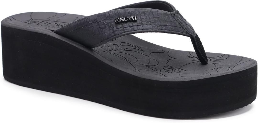 ONCAI Womens Platform Wedge Flip Flops Trendy Dressy Womans Summer Flatform Sandals with Comfortable Walking Outdoor Rubber Soles (US Size 5-11) (8, Black(Regular Size))